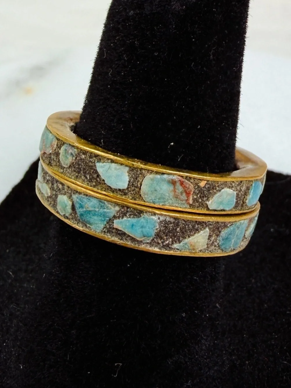 2 Vintage sz 6.5 stacking rings with turquoise colored blue Inlay Brass Bands